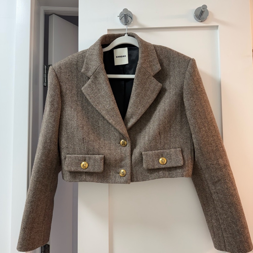 Sandro Lonny Cropped Herringbone Blazer Jacket - Brown